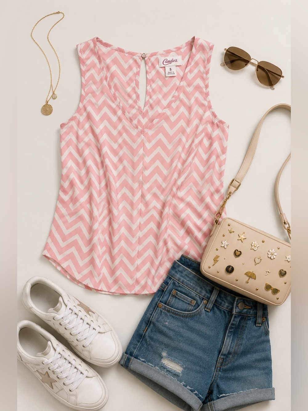 Candie’s Pink White Chevron Sleeveless Tank Blouse Top
